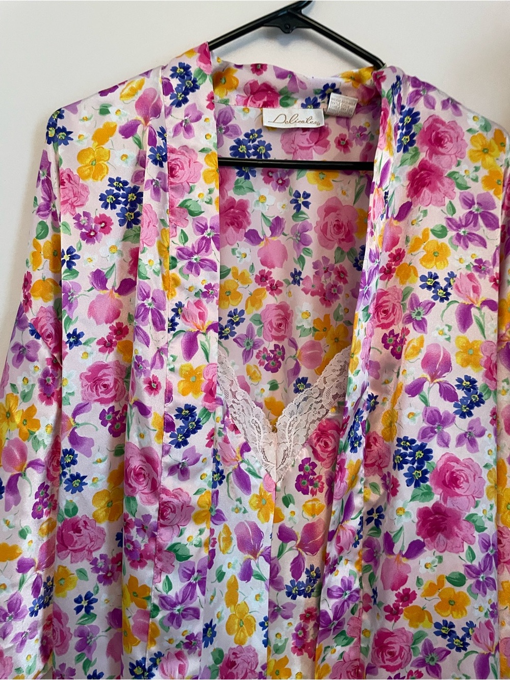 delicates Pink Floral Satin Robe and Lace-Trim Teddy Set